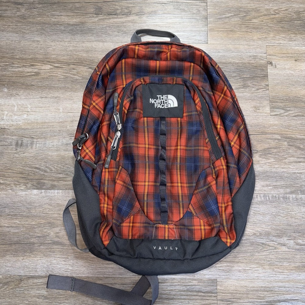 The North Face Vault Backpack Red Blue Plaid Check Pattern Adjustable Straps